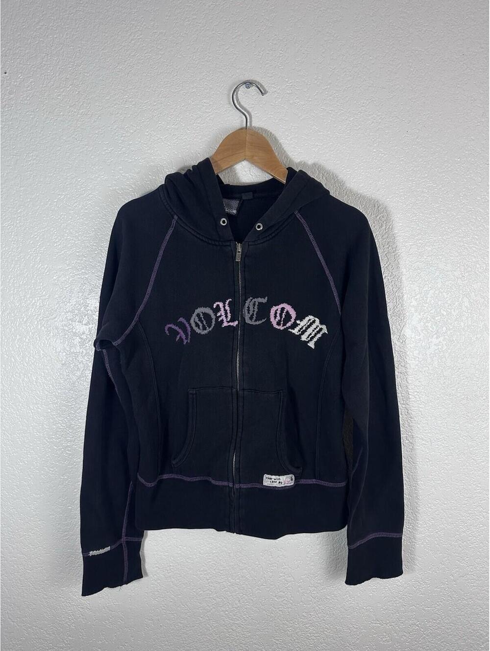 Volcom Full Zip Hoodie Black Spellout Logo Women’s Size Medium